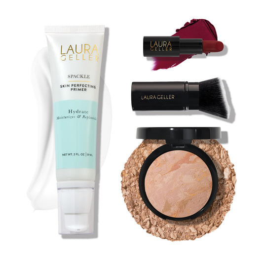 LAURA GELLER NEW YORK Effortless Essentials Kits (4pc): Baked Balance-n-Brighten Foundation, Fair + Spackle Makeup Primer, Hydrate + Modern Classic Matte Lipstick, Berry Bliss + Kabuki