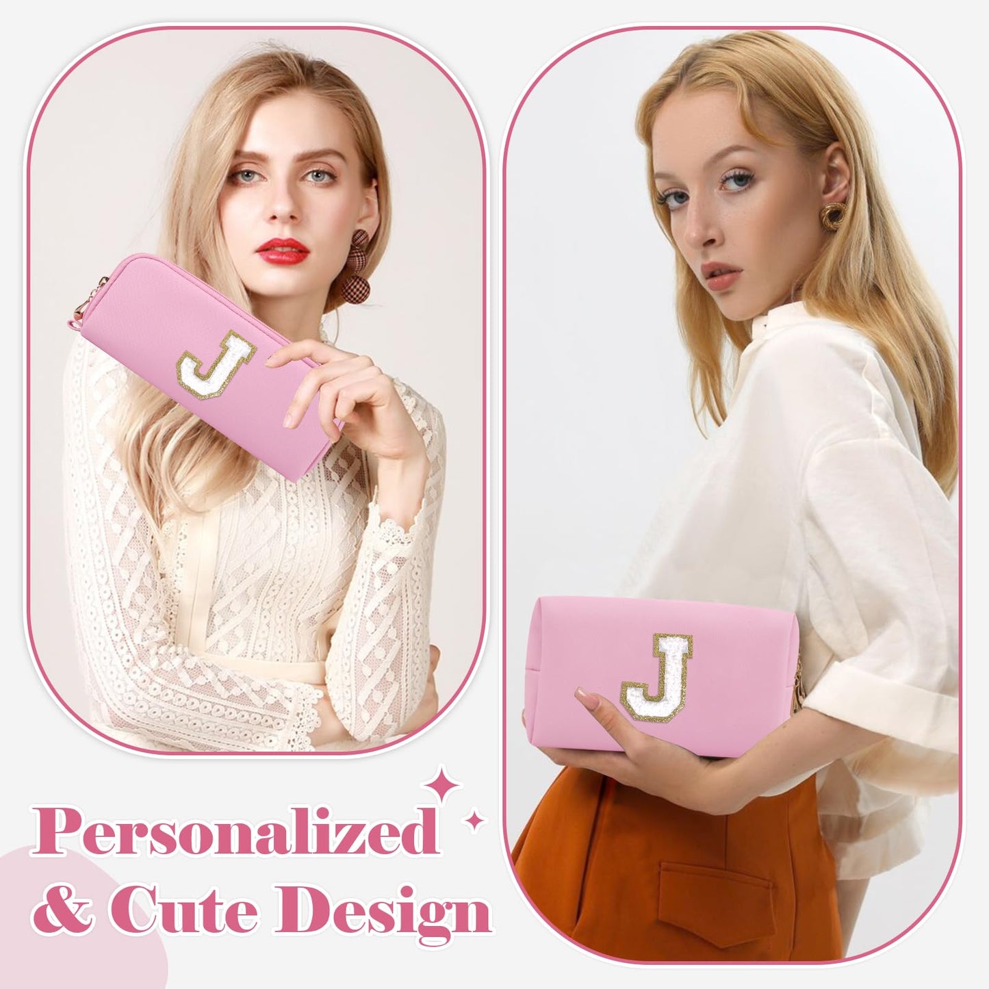 2Pack Personalized Initial Letter Patch Makeup Bag,Pink Cute Preppy Cosmetic Bag with Small Makeup Brush Bag,PU Travel Toiletry Zipper Pouch,Personalized Gifts for Women Teen Girls Friend Mom,Letter J