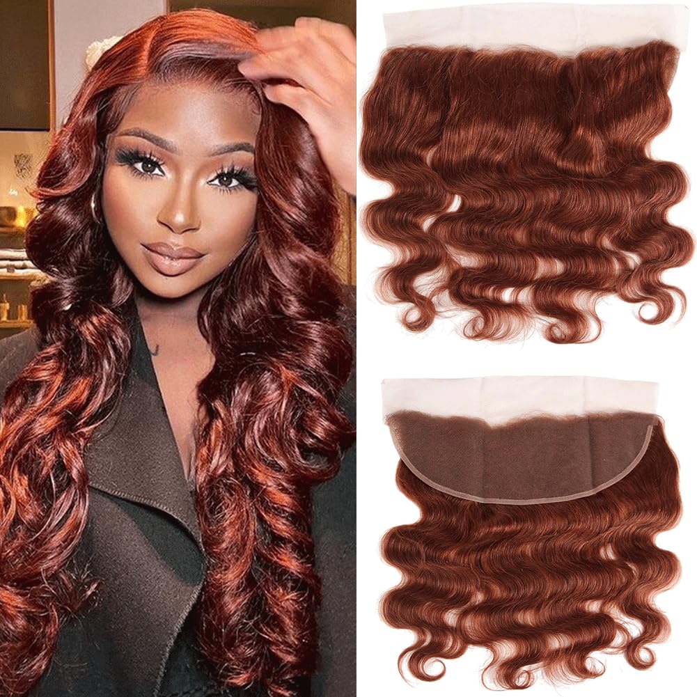 Reddish Brown 33B Human Hair 13X4 Lace Frontal Ear To Ear 13X4 Lace Closure Body Wave 150 Density Unprocessed Virgin Human Hair 13X4 Lace Frontal Free Part Bleached Knots Pre-Plucked Hairline 16 Inch