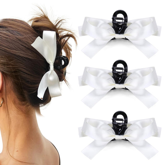 Vodolo White Bow Hair Claw Clip for Women Girls,3PCS Nonslip Big Bows Hair Claws Barrette for Thick Thin Hair