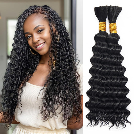 Eacia 18 Inch Deep Wave Bulk Hair for Braiding 2 Bundles 200g Natural Black Curly Braiding Hair for Boho Braids Micro Twist No Weft Wet and Wavy Braiding Hair Extensions (#1B,100g/bundle)