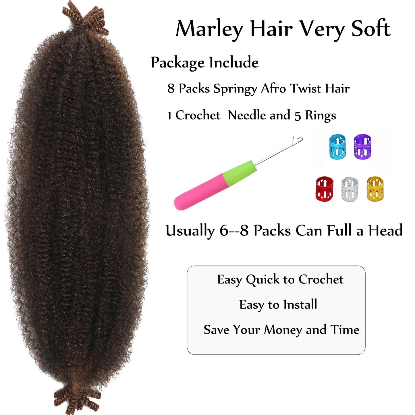 Springy Afro Twist Hair 24 Inch Marley Twist Braiding Hair 8 Packs Pre-Separated Kinky Braiding Hair Women Brown Afro Spring Twist Hair Long Marley Hair Wrapping Hair for Soft Locs