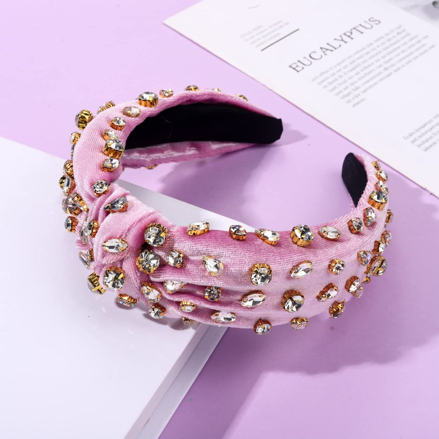 CENAPOG Rhinestone Knotted Headband for Women Sparkly Crystal Embellished Hairbands Twist Turban Headband Elastic Wide Velvet Hair Hoop Party Wedding Headwear for Girls (pink)