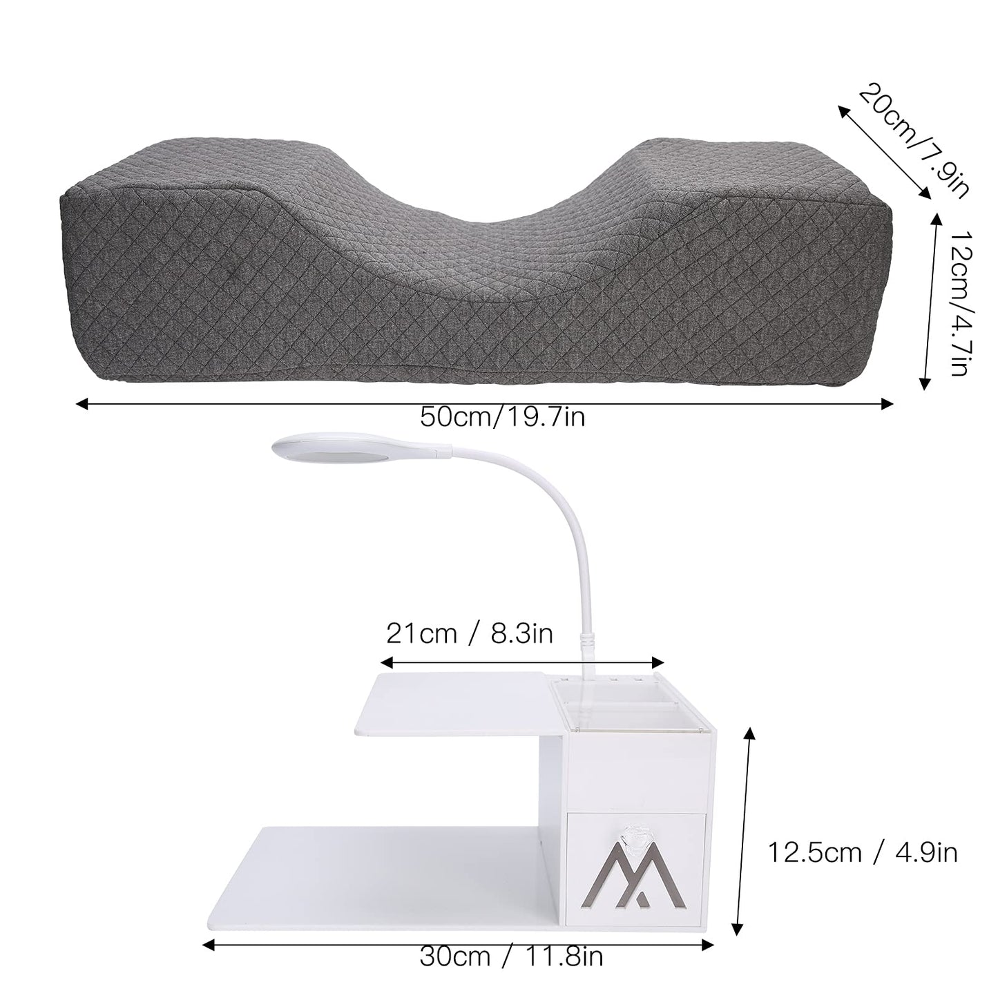 Eyelash Extension Neck Pillow with Acrylic Shelf Organizer Stand, Ergonomic Curve Lash Extension Grafting Pillow with USB Desk Lamp Makeup Tool Organizer Display Shelf