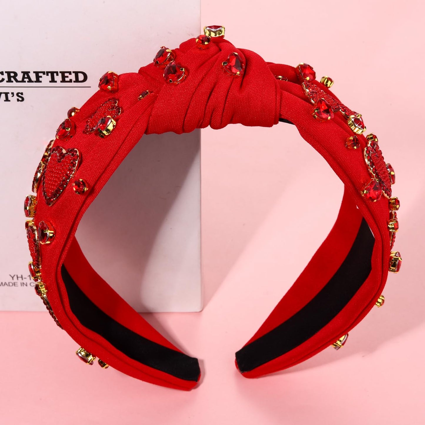 NVENF Valentine’s Day Headband for Women Love Heart Headband Jeweled Crystal Rhinestone Knotted Headband Red Pink Wide Top Knot Headband Valentine’s Day Hair Accessories Gifts (Red Heart 9)