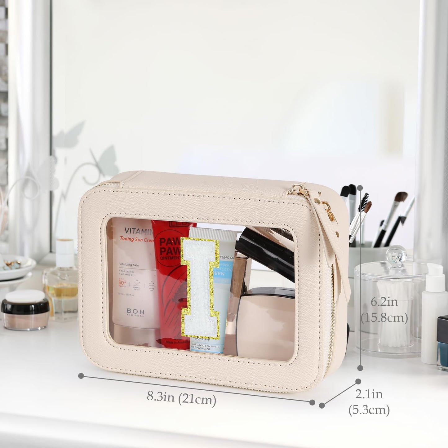 Clear Initial Makeup Bag - Toiletry Cosmetic Bag For Women, Cute Car Accessories & Essentials, And Preppy Makeup Bag For On-The-Go Glam - Gold Zippers Included, With Chenille Letter Decoration(I)