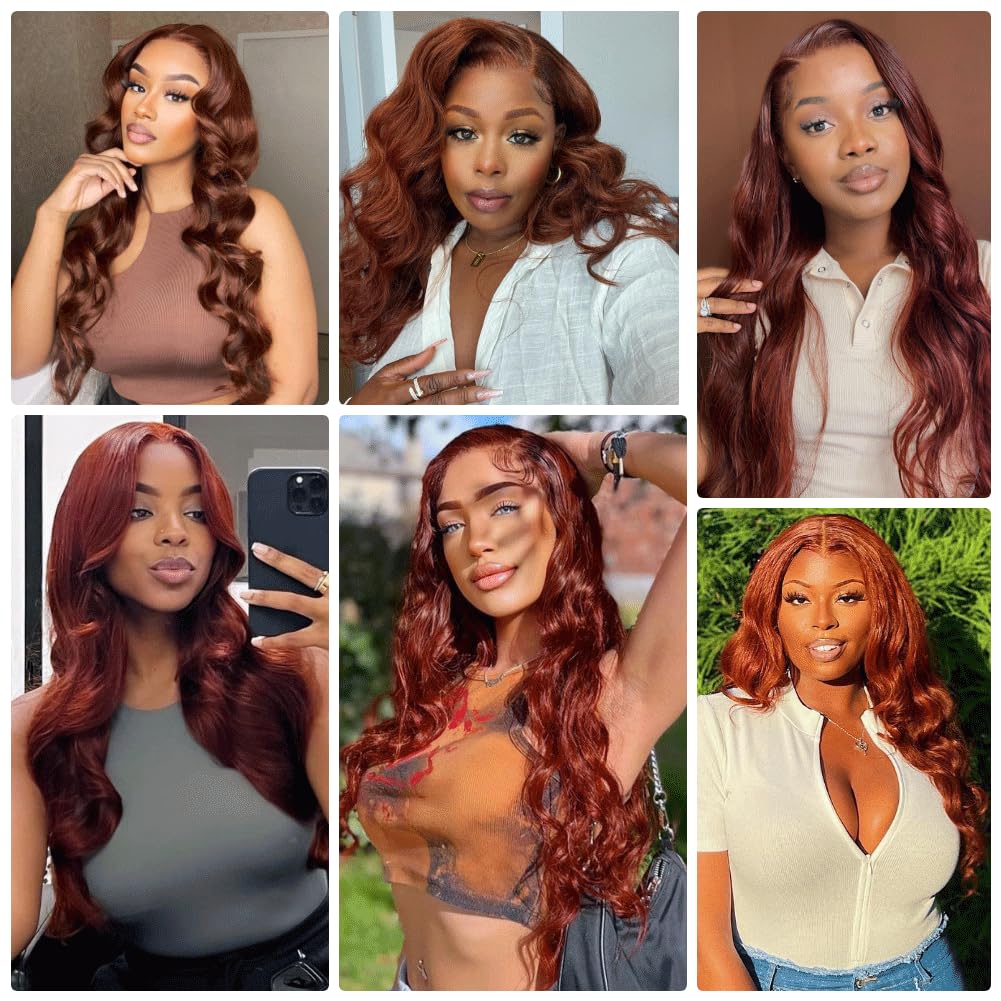 Reddish Brown 33B Human Hair 13X4 Lace Frontal Ear To Ear 13X4 Lace Closure Body Wave 150 Density Unprocessed Virgin Human Hair 13X4 Lace Frontal Free Part Bleached Knots Pre-Plucked Hairline 16 Inch