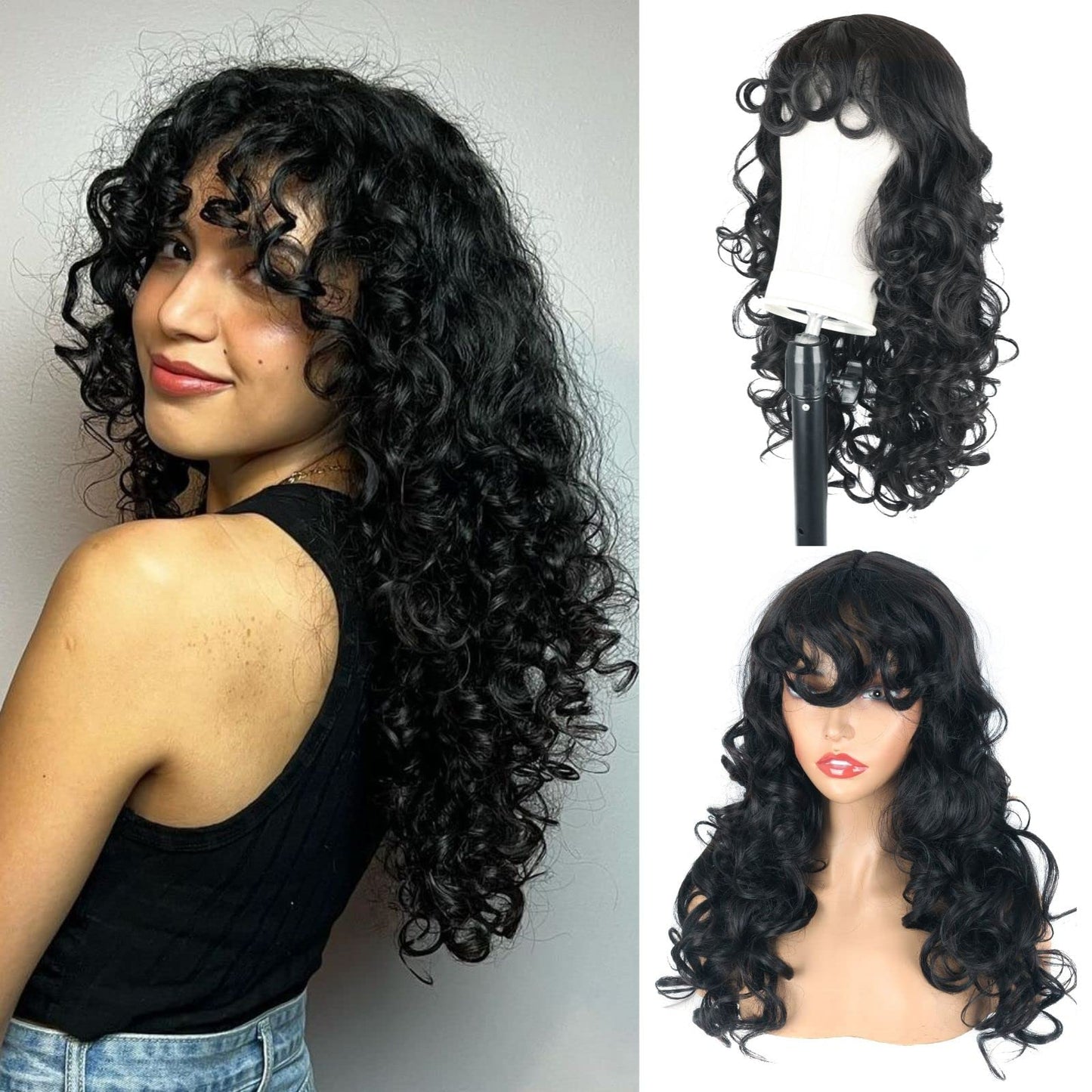 Oseti Long Curly Wig with Bangs Black Kinky Curly Layered Fluffy Shag Wig Synthetic Hair Wigs for Black Women Party Cosplay Use 24inch Long Curly Messy Hair Wigs with Bangs