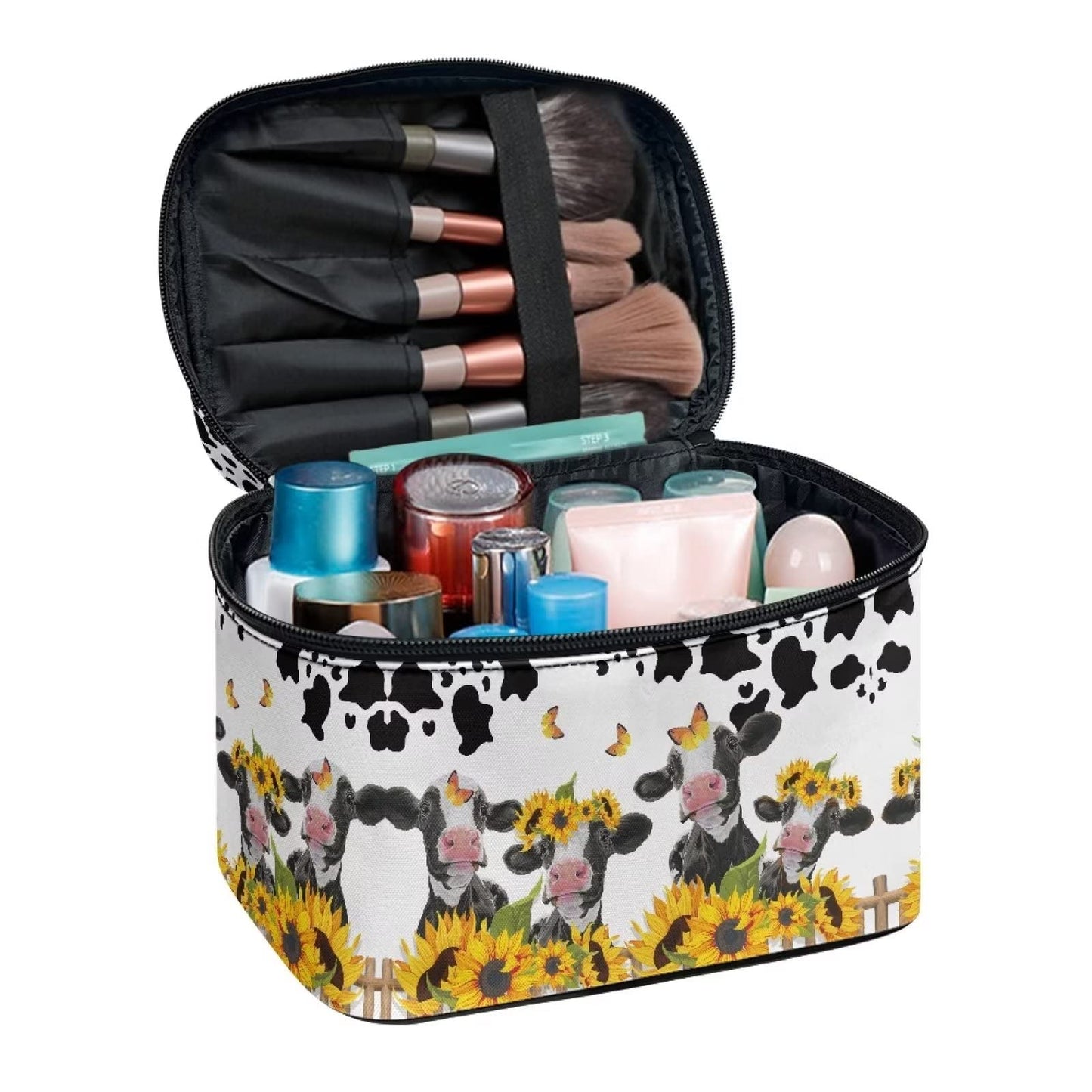 JEOCODY Cosmetic Bags for Women Sunflower Cow Print Portable Cosmetic Bag Multifunction Artist Storage Bag with Dividers for Cosmetics Makeup Brushes, Girls, Women, Friends Gifts