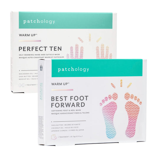 Patchology Bundle with Softening Foot Mask (1 Pack) and Self-Warming Hand Mask (1 Pack) — Foot and Heel Masks for Dry Cracked Feet — Hand and Cuticle Mask Treatment to Moisturize Dry Skin