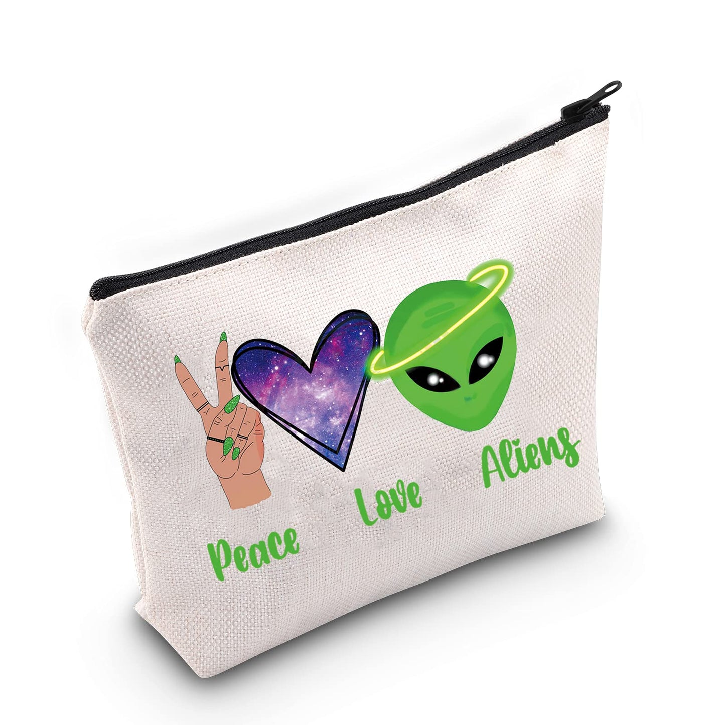 LEVLO Funny Alien Cosmetic Bag Alien Lover Gift Peace Love Alien Makeup Zipper Pouch Bag UFO ET Fans Gift (Peace Love Alien)