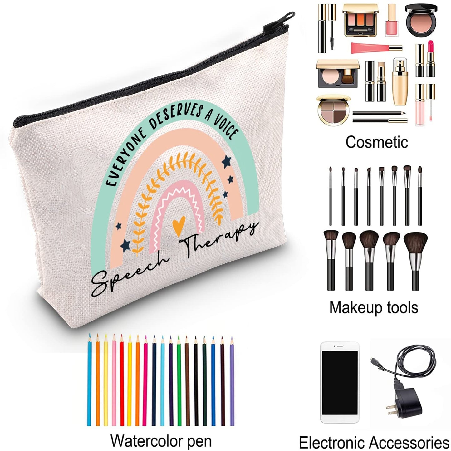 ZJXHPO Rainbow Speech Therapy Cosmetic Bag Everyone Deserve A Voice Speech Therapy Makeup Bag With Zipper SLP Appreciation Gift (Speech Therapy)