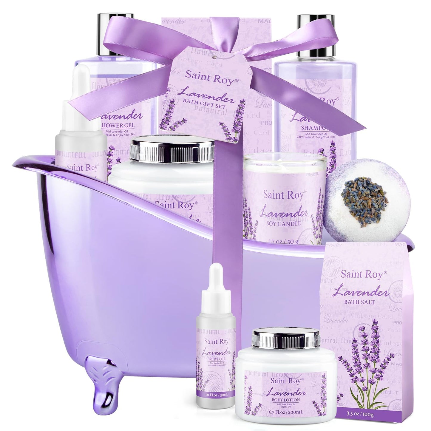 Home Bath Spa Gift Basket for Women - Lavender Bath Sets for Women Gift Aromatherapy Home Spa Kit with Shower Gel, Shampoo, Body Oil, Bath Bomb, Soy Candle & More, Best Gifts for Her Mothers day