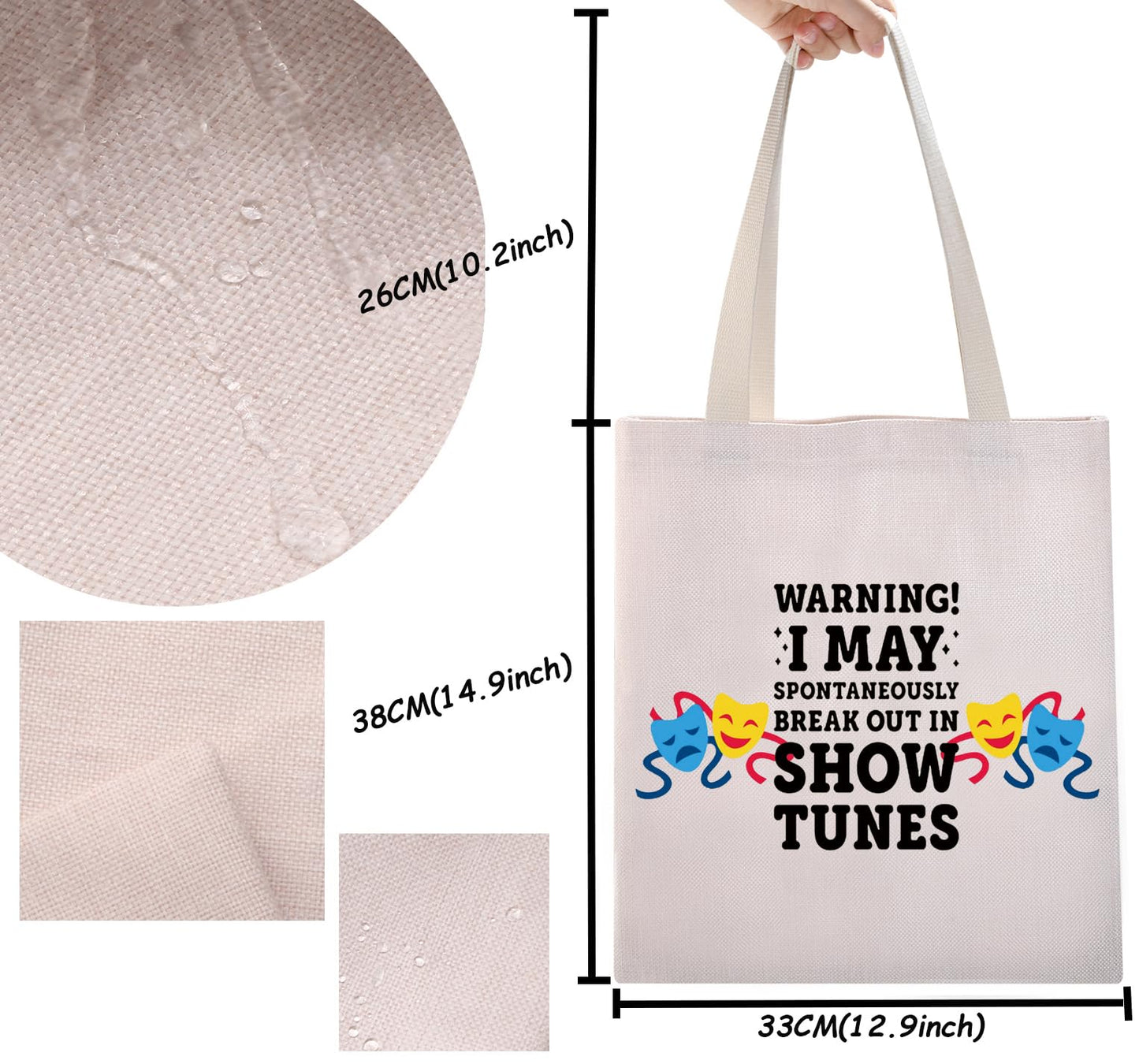 TSOTMO Warning I May Randomoly Break Out In Show Tunes canvas tote bags Theatre Novelty Makeup Bag Broadway Musical Theater Gift (Show canvas)