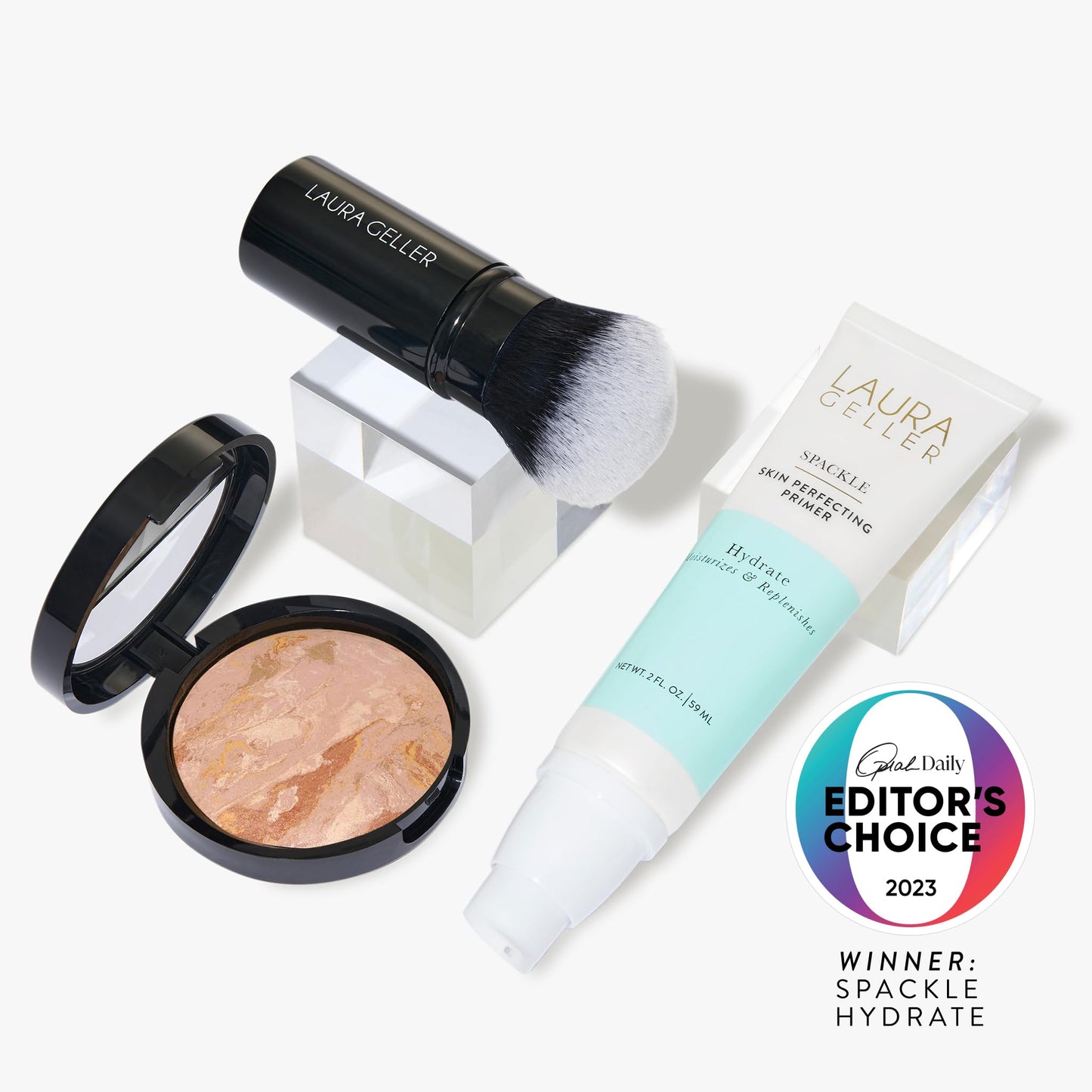 LAURA GELLER NEW YORK Face the day Kit (3 PC) - Balance-n-Brighten Foundation, Fair + Spackle Skin Perfecting Primer, Hydrate + Airbrush Round Kabuki Brush