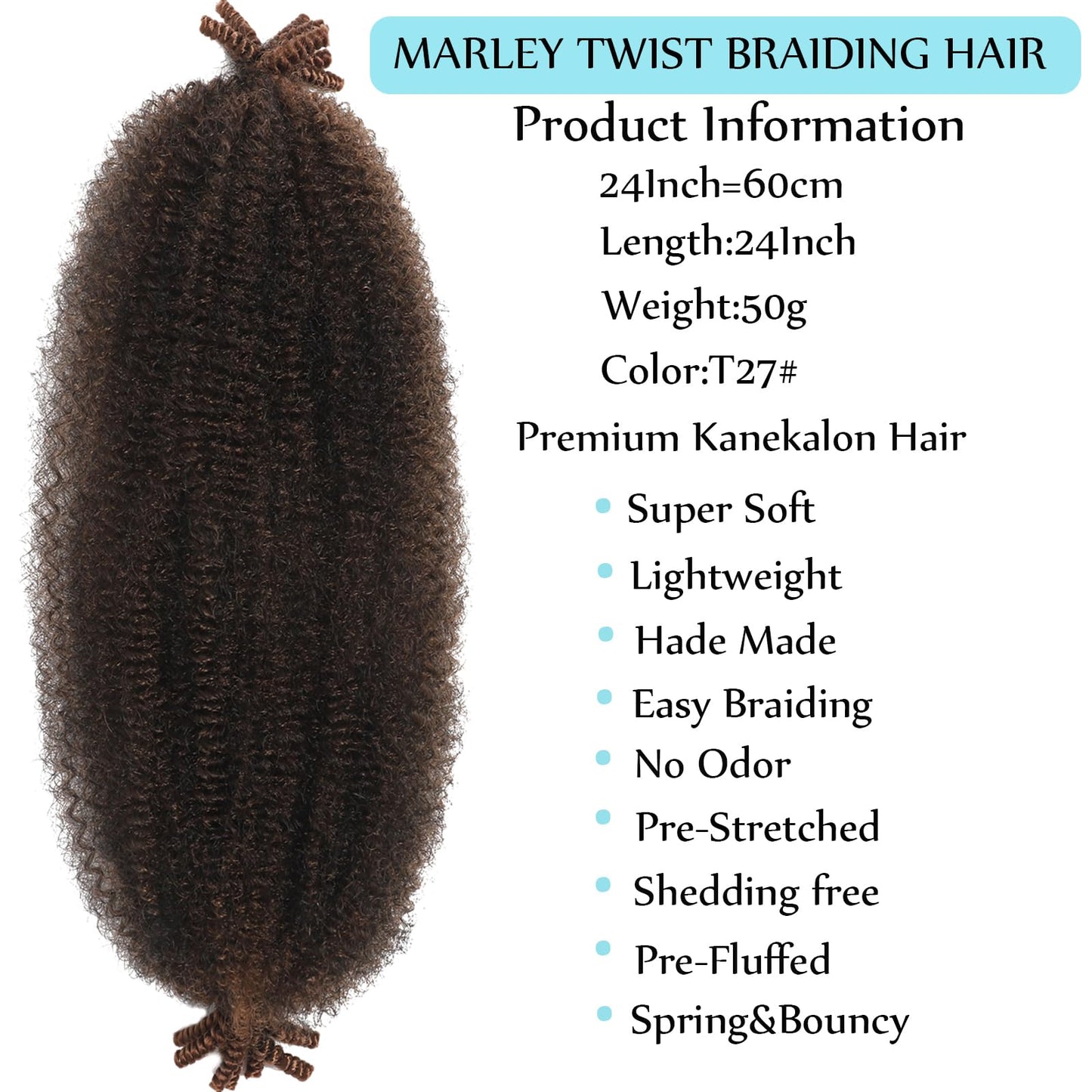 Springy Afro Twist Hair 24 Inch Marley Twist Braiding Hair 8 Packs Pre-Separated Kinky Braiding Hair Women Brown Afro Spring Twist Hair Long Marley Hair Wrapping Hair for Soft Locs