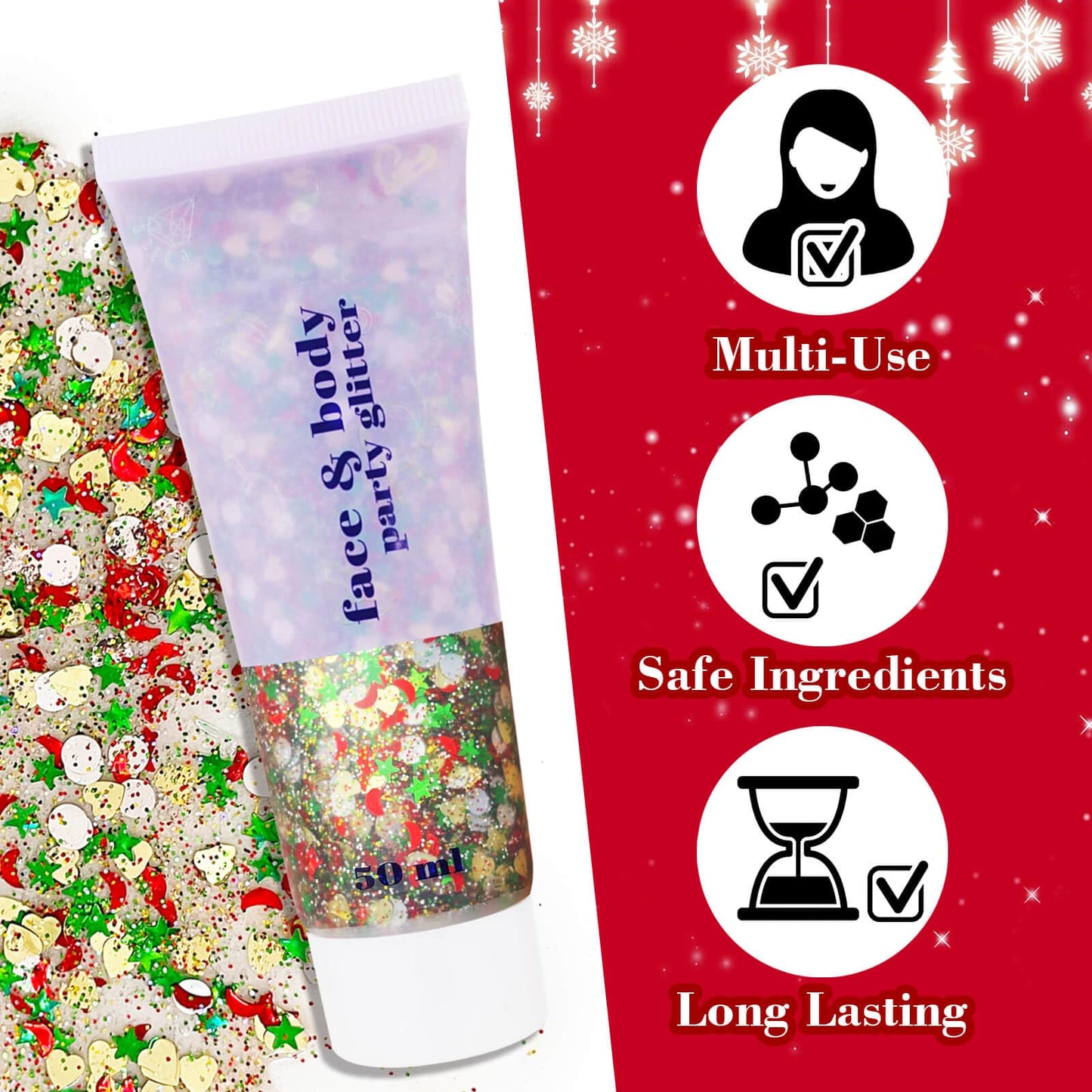 MEICOLY Christmas Body Glitter,Mermaid Face Glitter Chunky Glitter Gel,Christmas Stocking Stuffers,Sparkling Sequins Glitter Face Paint,Christmas Makeup Festival Glitter for Women and Kids,50ml