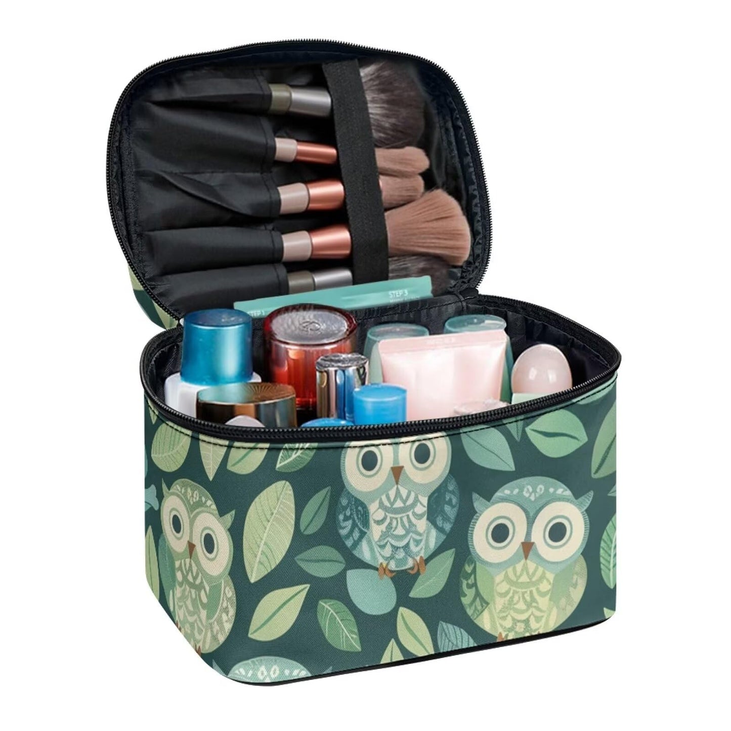 Horeset Green Leaf Owl Print Cosmetic Bag for Women, Portable Soft Makeup Bag Zipper Toiletry Bag Accessories Organizer for Summer Travel