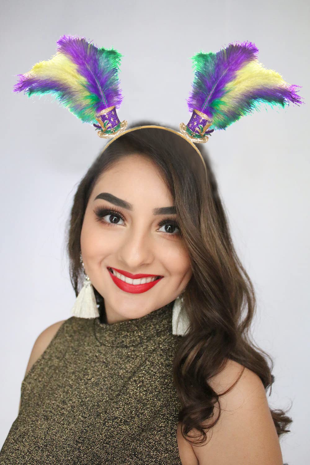 HEIDKRUEGER Mardi Gras Headband Purple Green Gold Feather Headband Glitter Hat Carnival Parade Hair Hoop Accessories