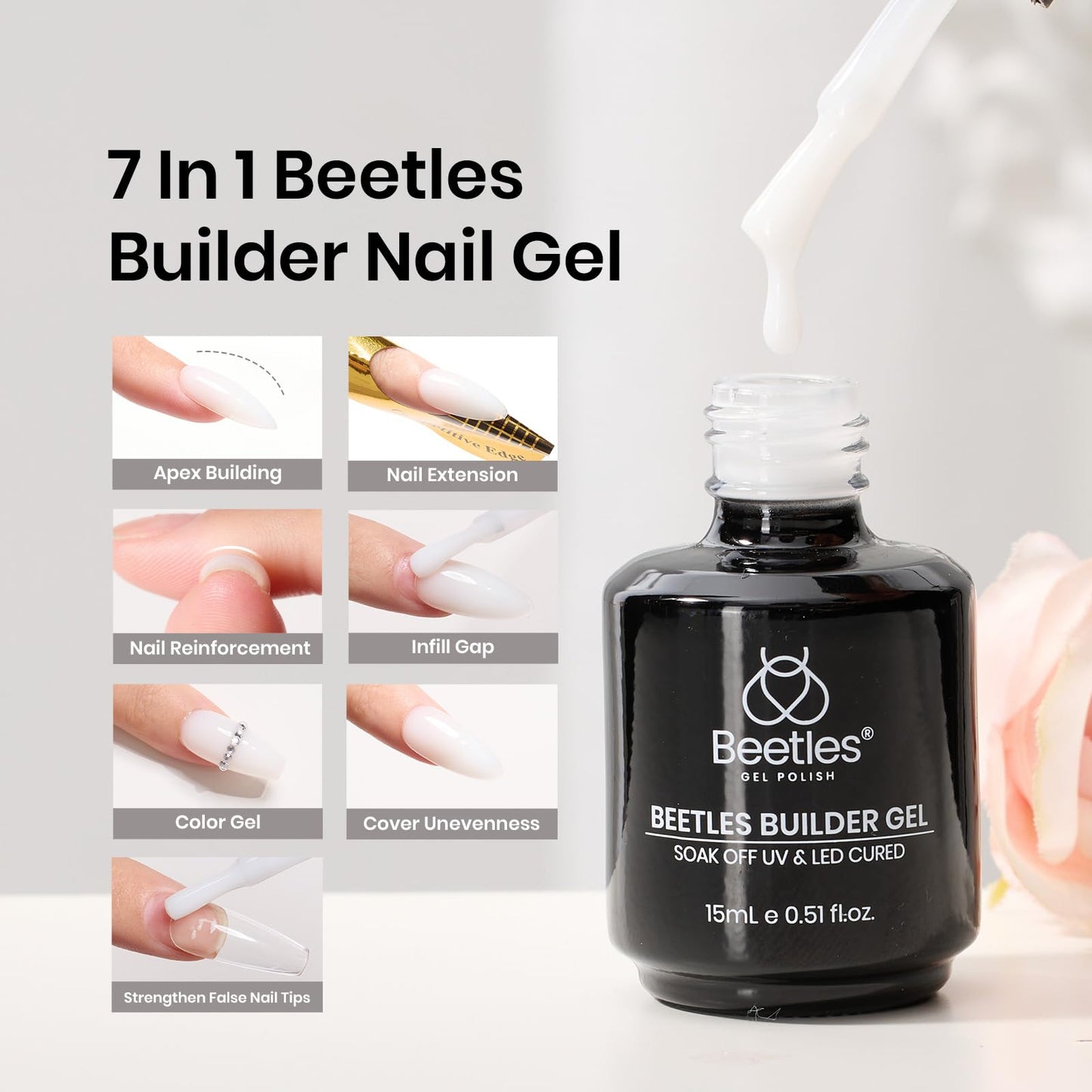 Beetles Builder Gel 15ml 7 in 1 Milky White Nail Builder Strengthener White Gel Builder For Nails Hard Gel Jelly Gel Builder Extension Nail Gel Salon DIY Nail Art Design