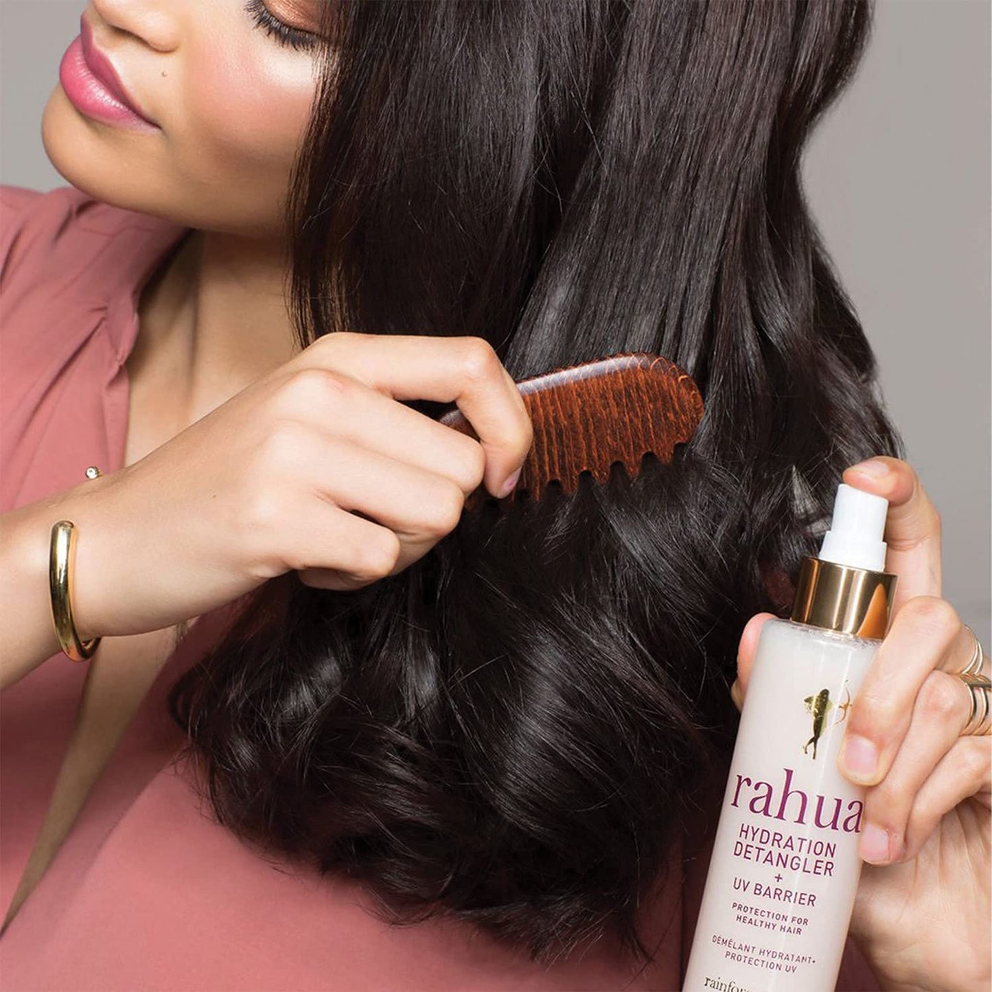 Rahua Curl Care Set, Hydration Detangler + UV Barrier 6.5 Fl. Oz. Smoothing Hair Balm, with Curl Styler, solution for curly hair, providing nourishment, hydration, and styling.