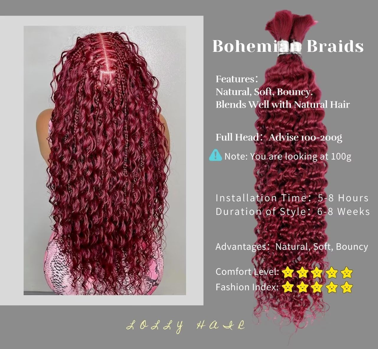 Labamiya Curly Burgundy Braiding Human Hair 100g 18 Inch 99J Burgundy Deep Water Wave Bulk Human Hair for Braiding No Weft Brazilian Virgin Deep Curly Human Hair Extensions for Boho Braids