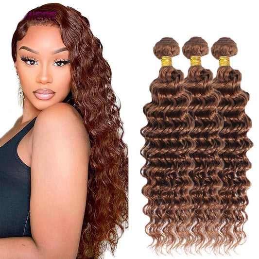 30 32 34 Inch Color #30 Deep Wave Bundles Brown Human Hair Bundles Peruvian Virgin Remy Hair Mixed Bundles Color #30 Bundles Human Hair Light Brown Deep Wave Bundles Hair Weave