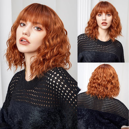 Orange Wig with Bangs,14 Inch Ginger Shoulder Length Curly Wavy Wigs for Women, Heat-resistant Synthetic Hair Wigs for Cosplay Party Daily Use