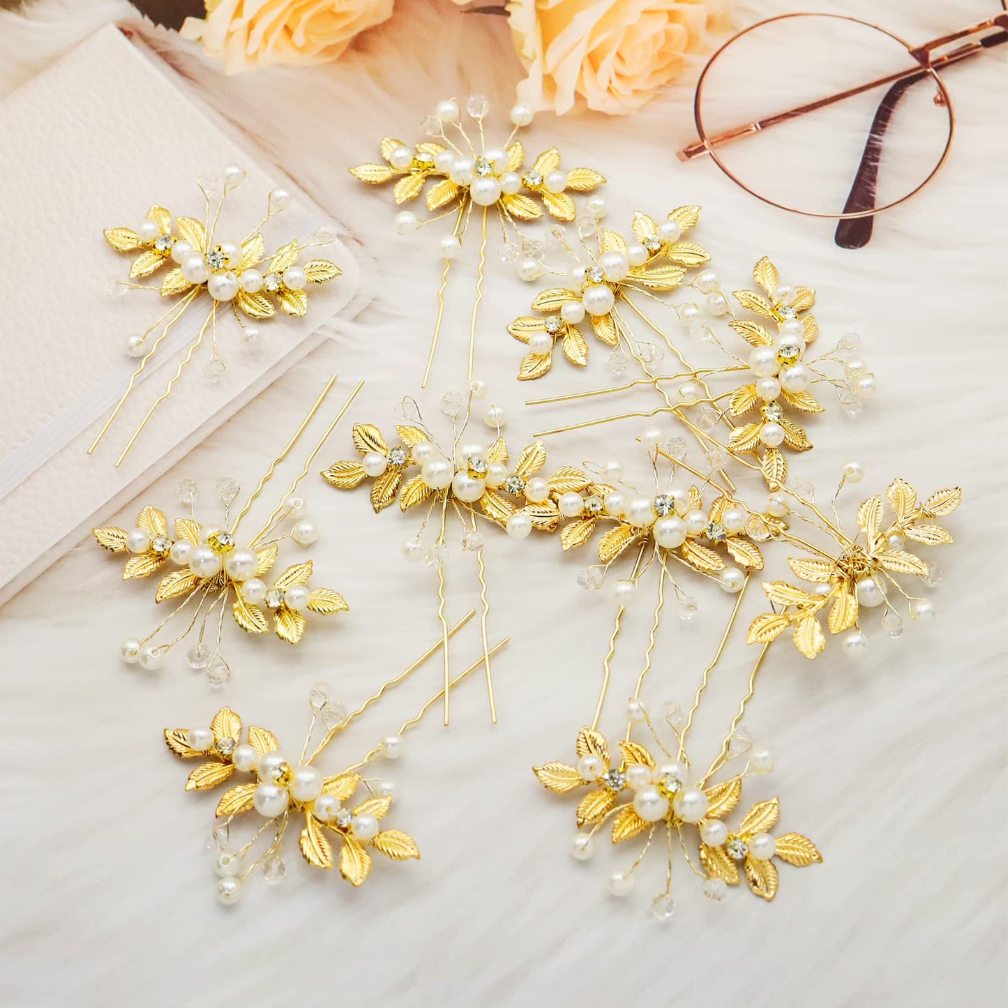 10 Pieces Wedding Head Hair Piece Leaf Flower Faux Pearls Bride Hair Pins Clips Bridal Hair Bridesmaid Hairstyle Accessories for Women Girls （Gold)