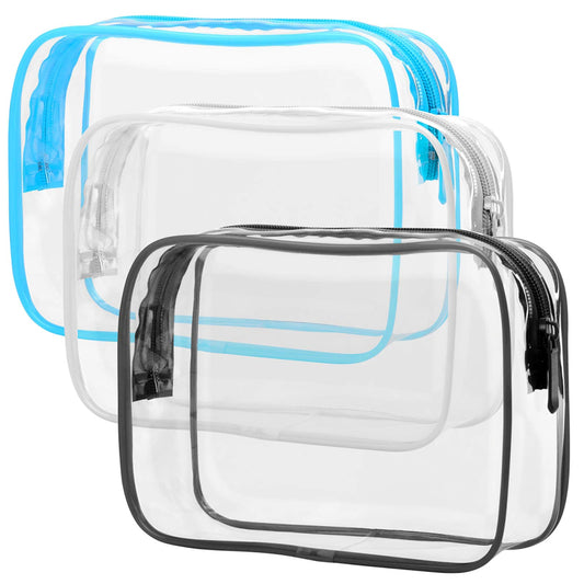 PACKISM Clear Cosmetic Bag, TSA Approved Clear Makeup Bag with Zipper Travel Clear Toiletry Bag, Beauty Quart Size Bag Carry on Airport Airline Compliant Bag, 3 Pack, Black White Blue