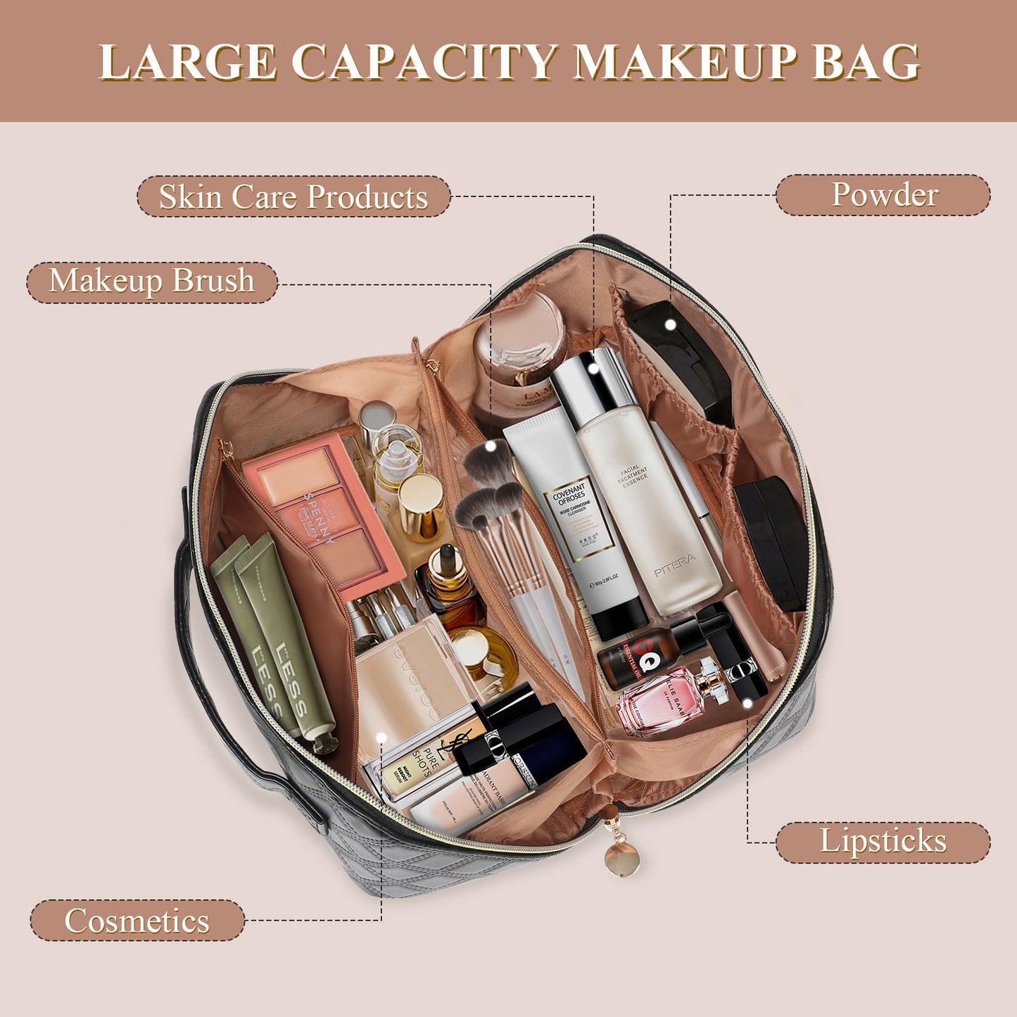 STYLIFING Travel Cosmetic Bag Large Capacity Makeup Bag for Women Portable Makeup Organizer Waterproof Leather Make Up Bag with Compartments and Handle (Black)