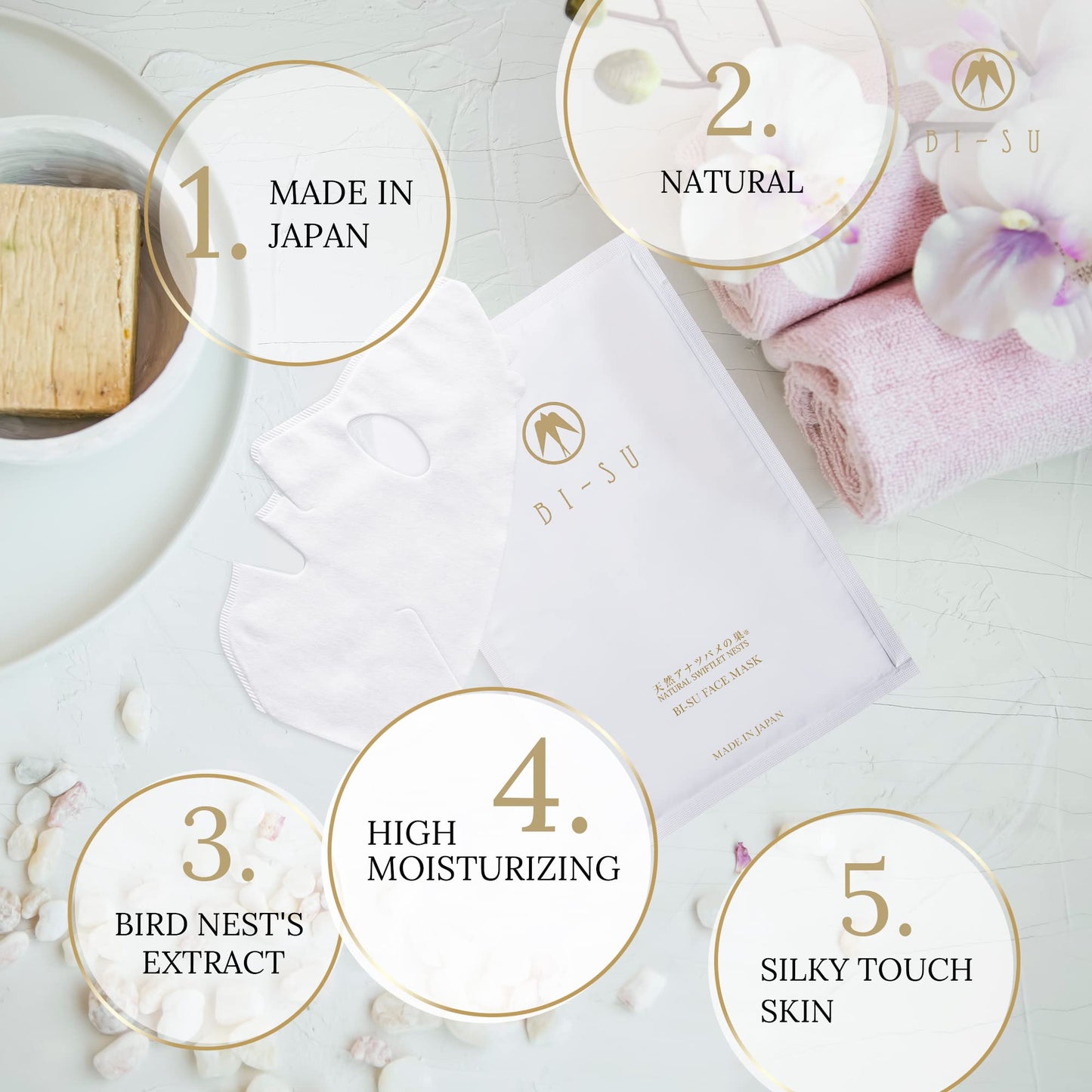 BI-SU Face Mask | Natural Swiftlet Nests Extract, Hyaluronic Acid, Ceramide, Collagen, Squalane, Anti-aging Japanese Skincare, Helps Wrinkles, Texture, Dryness, 4 Sheets, 27ml each, Damask Rose Scent