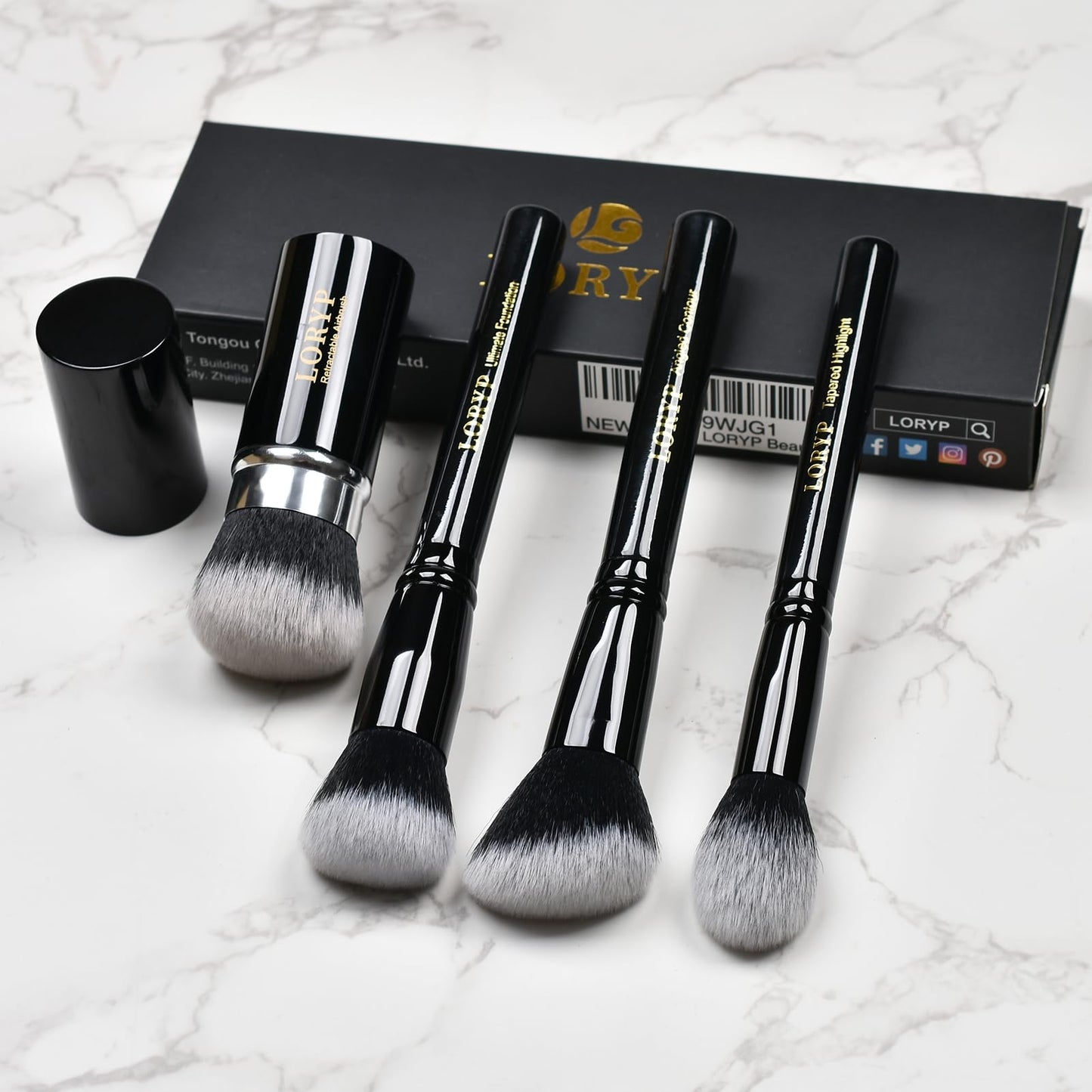 LORYP 4 Pcs Full Face Professional Makeup Brushes Set with Retractable Kabuki Airbrush For Powder,Liquid,Cream,Angled Blush Brush, Foundation Brush, Tapered Highlight Brush