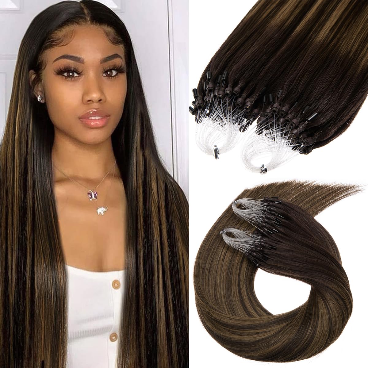 Kpvxxve Micro Loop Hair Extensions Human Hair Micro Link Extensions Darkest Brown Mix Ash Brown 20 Inch Ombre Microbead Extensions #2/8/2 Straight Real Human Hair Extensions 50g 1g/s