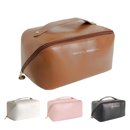 Mountain Land Travel Cosmetic Bag Women Makeup Large Capacity PU Leather Waterproof Portable Women's Toiletries Accessories Brown