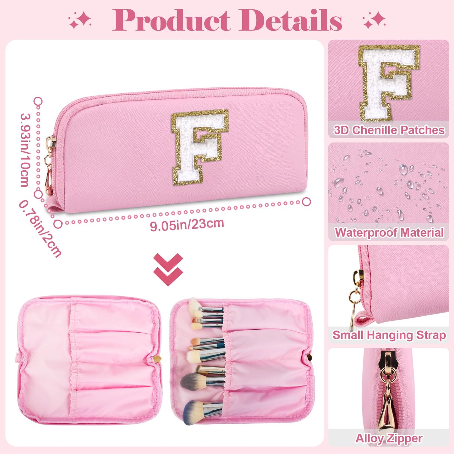 2Pack Personalized Initial Letter Patch Makeup Bag,Pink Cute Preppy Cosmetic Bag with Small Makeup Brush Bag,PU Travel Toiletry Zipper Pouch,Personalized Gifts for Women Teen Girls Friend Mom,Letter F