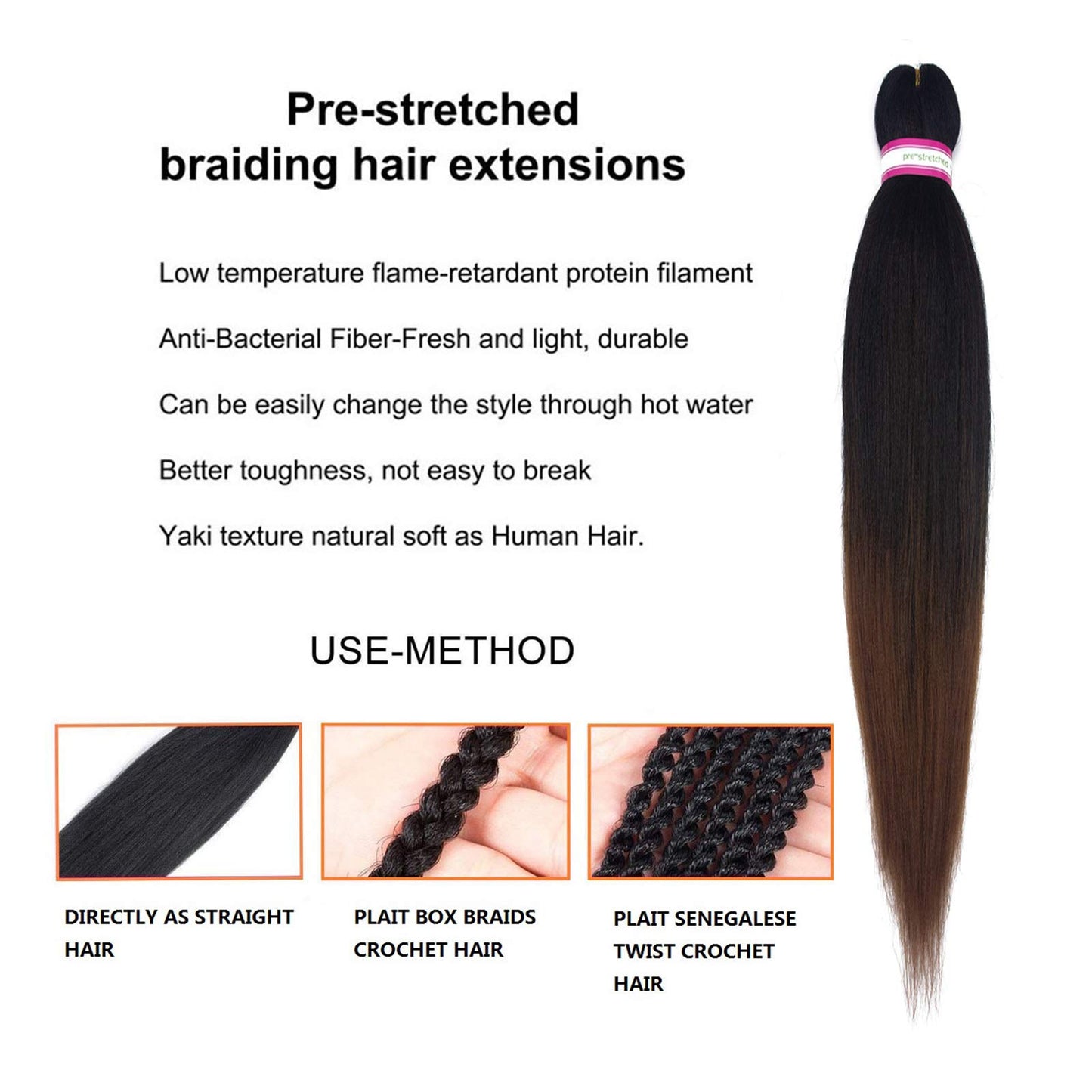 Pre Stretched Braiding Hair Extension Ombre Natural Black Brown Color 28 Inch Long Pre-stretched Hair for Braiding Twist Braids Itch Free Hot Water Setting Yaki Straight Synthetic Hair (#1B/30)