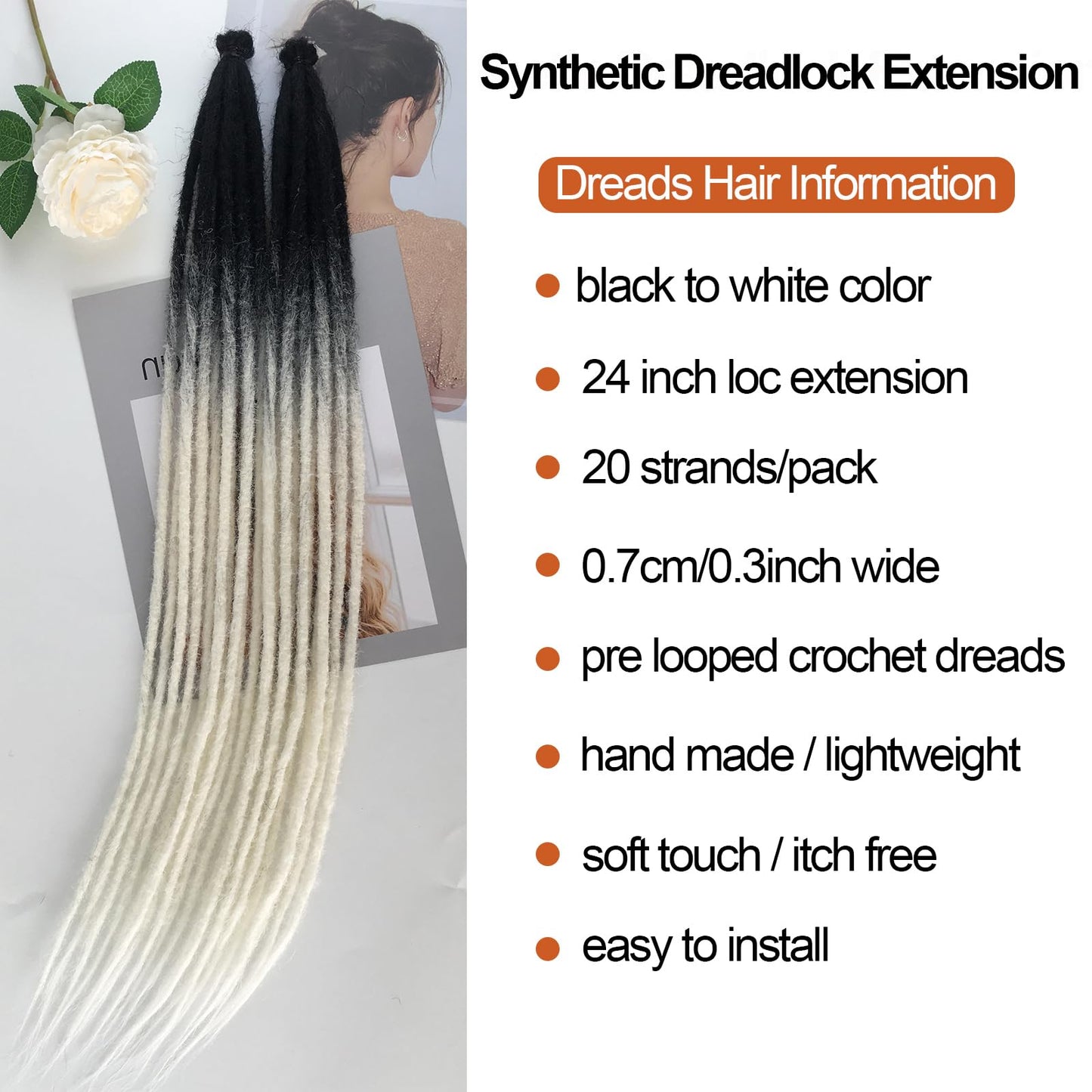 Chicmoi Dreadlock Extensions 24 Inch Single Ended Dreads Crochet Hair Black to White Color Synthetic Boho Dreadlocks 20 Strands SE Crochet Dreads Extensions for Women