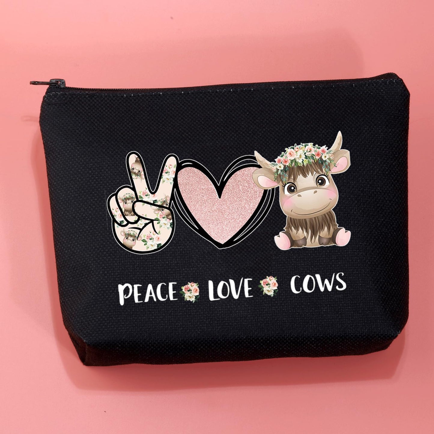 JXGZSO Cow Pattern Makeup Bag Peace Love Cows Cosmetic Bag With Zipper Cow Lover Gift Cattle Owner Animal Lover (Peace Love Cows black)