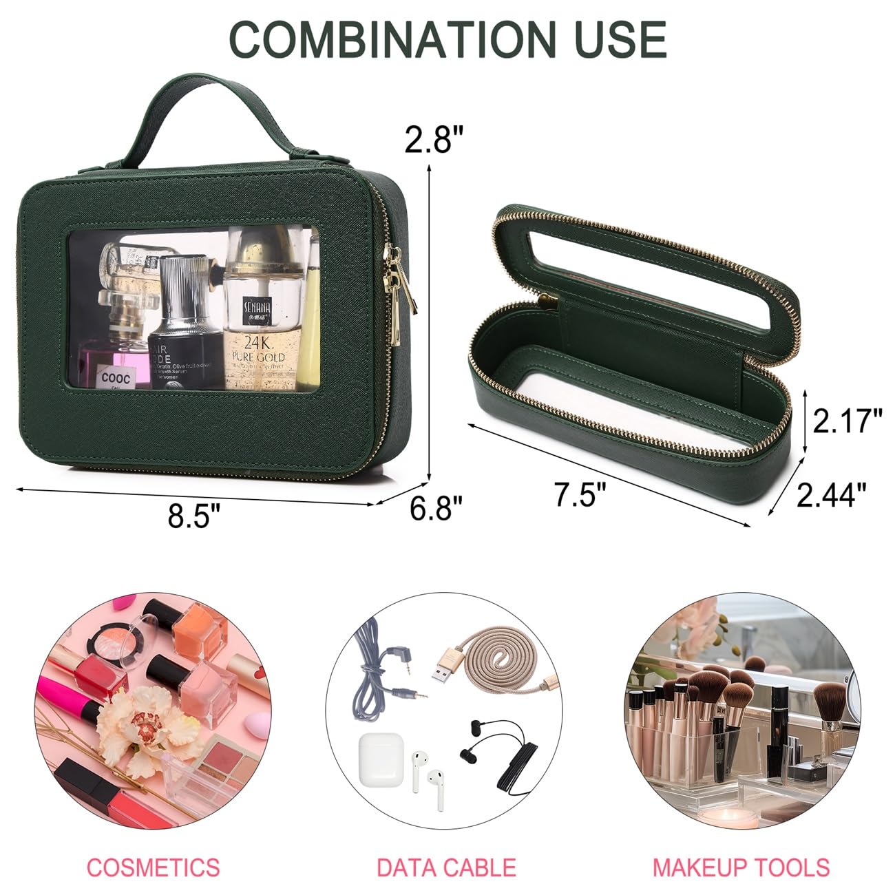 Pinkmik Clear Makeup Bag Transparent Travel Case for Cosmetics and Toiletries Women's Brush Bag and Clear Car Bag with Zipper (G/Green, L+Slim)