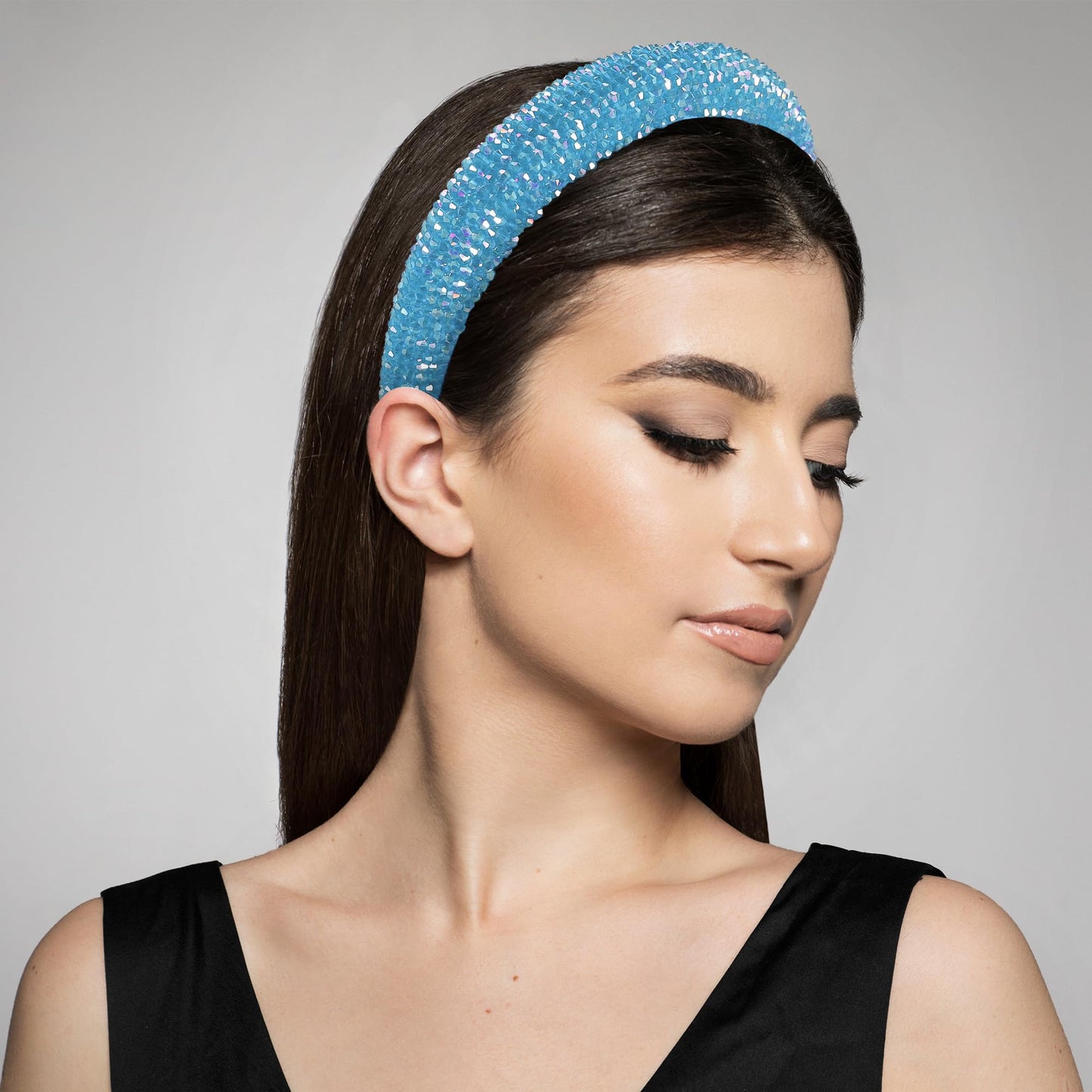 VOCOSTE Rhinestone Headband, Bling Padded Hairband Sparkle Faux Crystal Headbands Hair Accessories for Women, Sky Blue, 1.18 Inch Wide