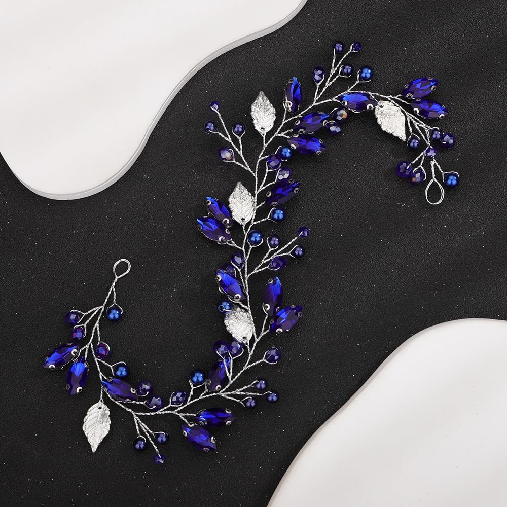 Teyglen Crystal Bride Wedding Hair Vine Bridal Silver Leaf Blue Crystal Headband Handmade Blue Red Black Rhinestone Pearl Hair Pieces Headpieces Hair Accessories for Bride Women Girls (Blue)