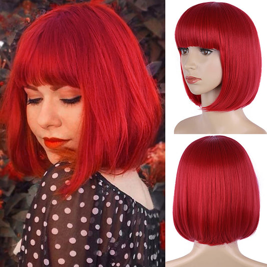 MOSINA Red Bob Wig - Short Red Straight Bob Wigs with Bangs for Women, Colorful Short Hair Wig, Cute Synthetic Wig for Cosplay, Daily, Halloween (12inch)…