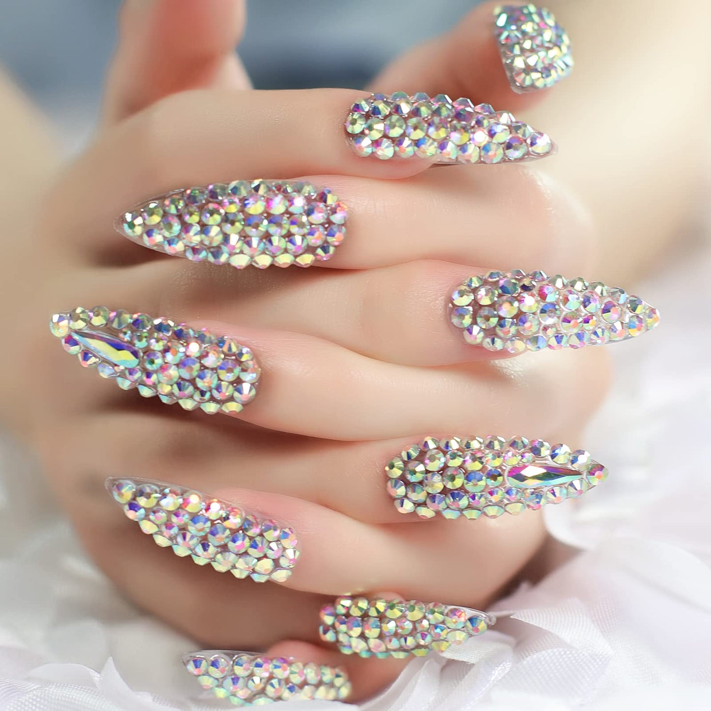 Elevenail Press on Nails Full Cover Luxurious 3D Crystal False Nails Super Extra Long Stiletto Diamonds Art Decoration Fake Nails Manicure Kit Nail Art Tips Gift for Women Girls Wedding Party