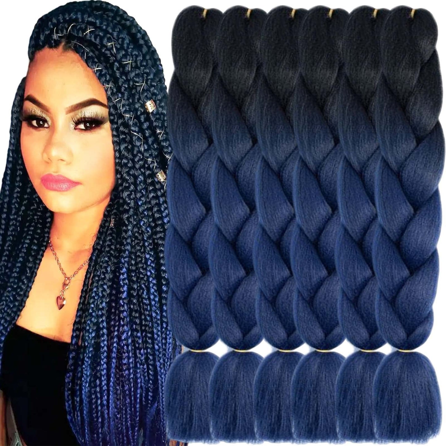 Ombre Braiding Hair Extensions for Women 6 Packs/24 Inch Braiding Hair Fiber Crochet Hair for Box Braids Senegal Twist Hair Extensions(24" (Pack of 6),Black to Dark Blue)