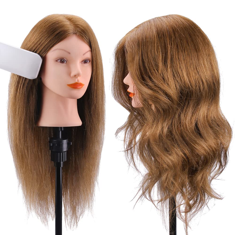 Mannequin Head with 100% Real Hair, TopDirect 18" Brown Real Hair Cosmetology Manikin Head Hair Styling Hairdressing Practice Training Doll Heads with Clamp Holder and Tools