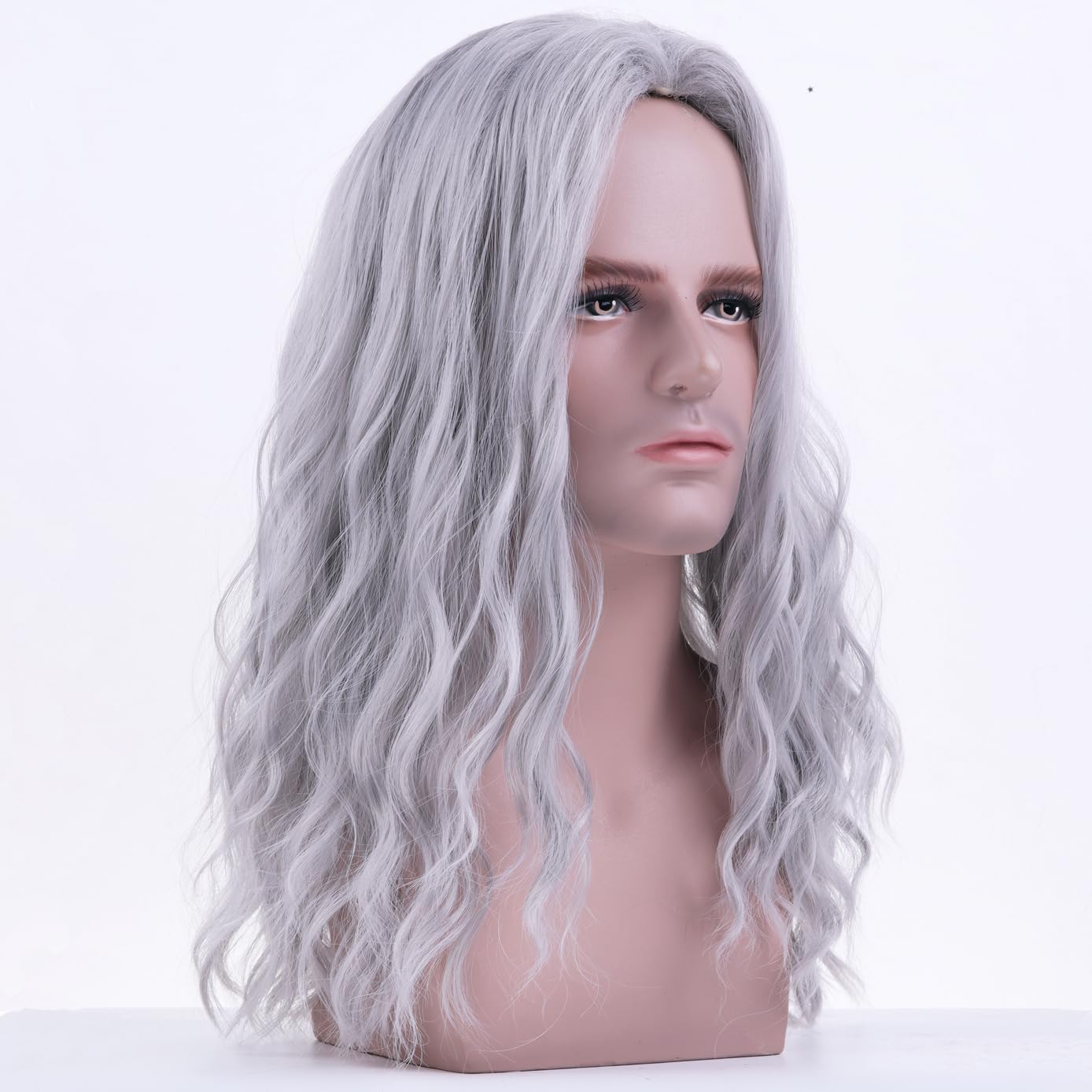 BERON Mens Silver Grey Long Wigs With Halloween Cosplay Costume Party Wig Curly Middle Part Hair Wigs