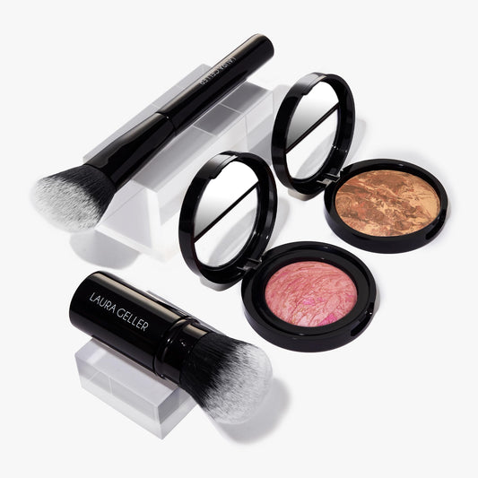 LAURA GELLER NEW YORK Fast Face Set: Baked Balance-n-Brighten Powder Foundation, Deep + Baked Blush-n-Brighten, Pink Buttercream + Airbrush Kabuki + Angled Blush Brush