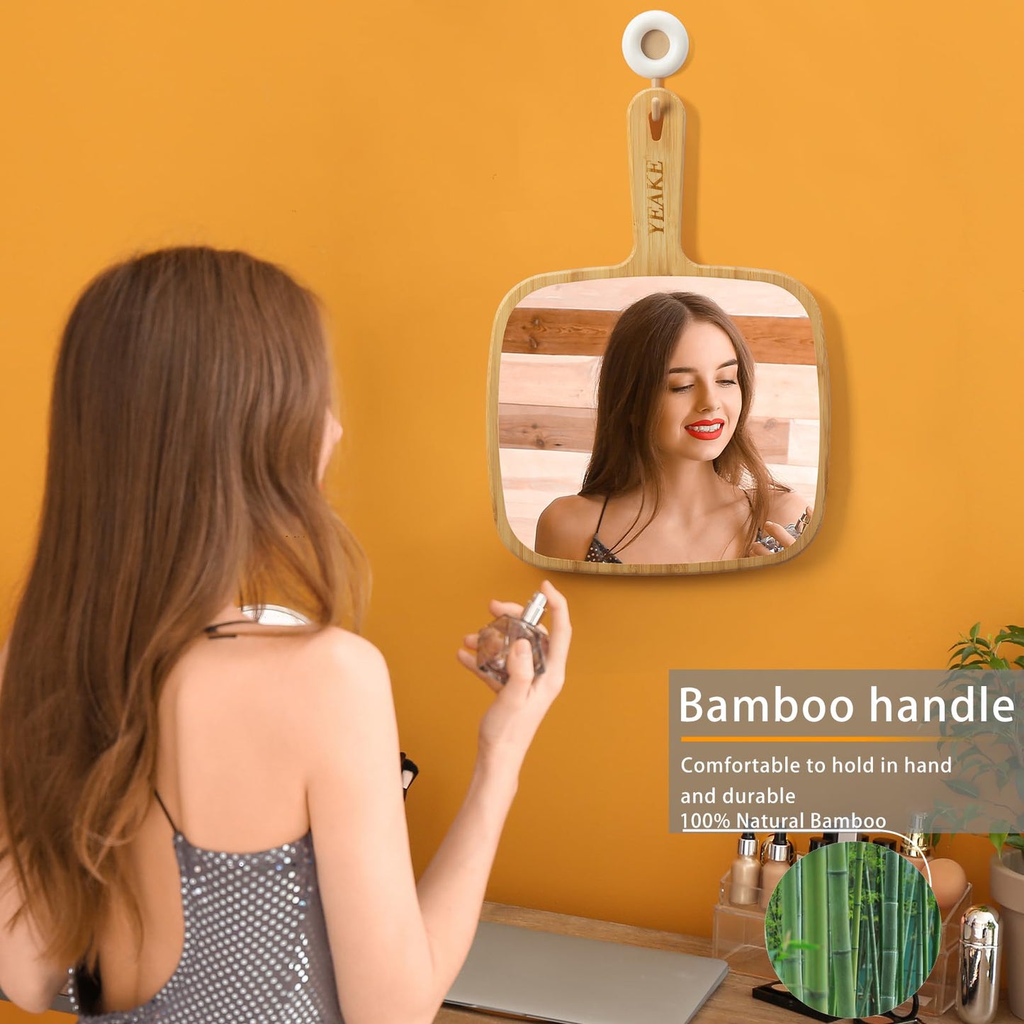 YEAKE Hand Mirror,Extra Large Natural Bamboo Handheld Mirror with Handle, Single-Sided Portable Travel Vanity Mirror for Men & Women,8.9" W x 12.4" L