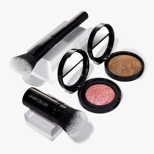 LAURA GELLER NEW YORK Fast Face Set: Baked Balance-n-Brighten Powder Foundation, Sand + Baked Blush-n-Brighten, Pink Buttercream + Airbrush Kabuki + Angled Blush Brush